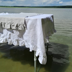 Ruffled linen tablecloth, tablecloth with ruffles made from 100% linen, many colors and custom, off white blue black green yellow tablecloth