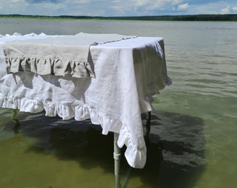 Ruffled linen tablecloth, tablecloth with ruffles made from 100% linen, many colors and custom, off white blue black green yellow tablecloth