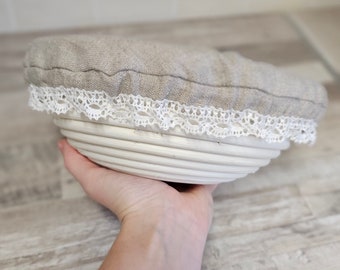 Rough linen bowl cover with lace, reusable dish cover, set of raw linen jar covers, washable linen glass covers, dough cap container cover