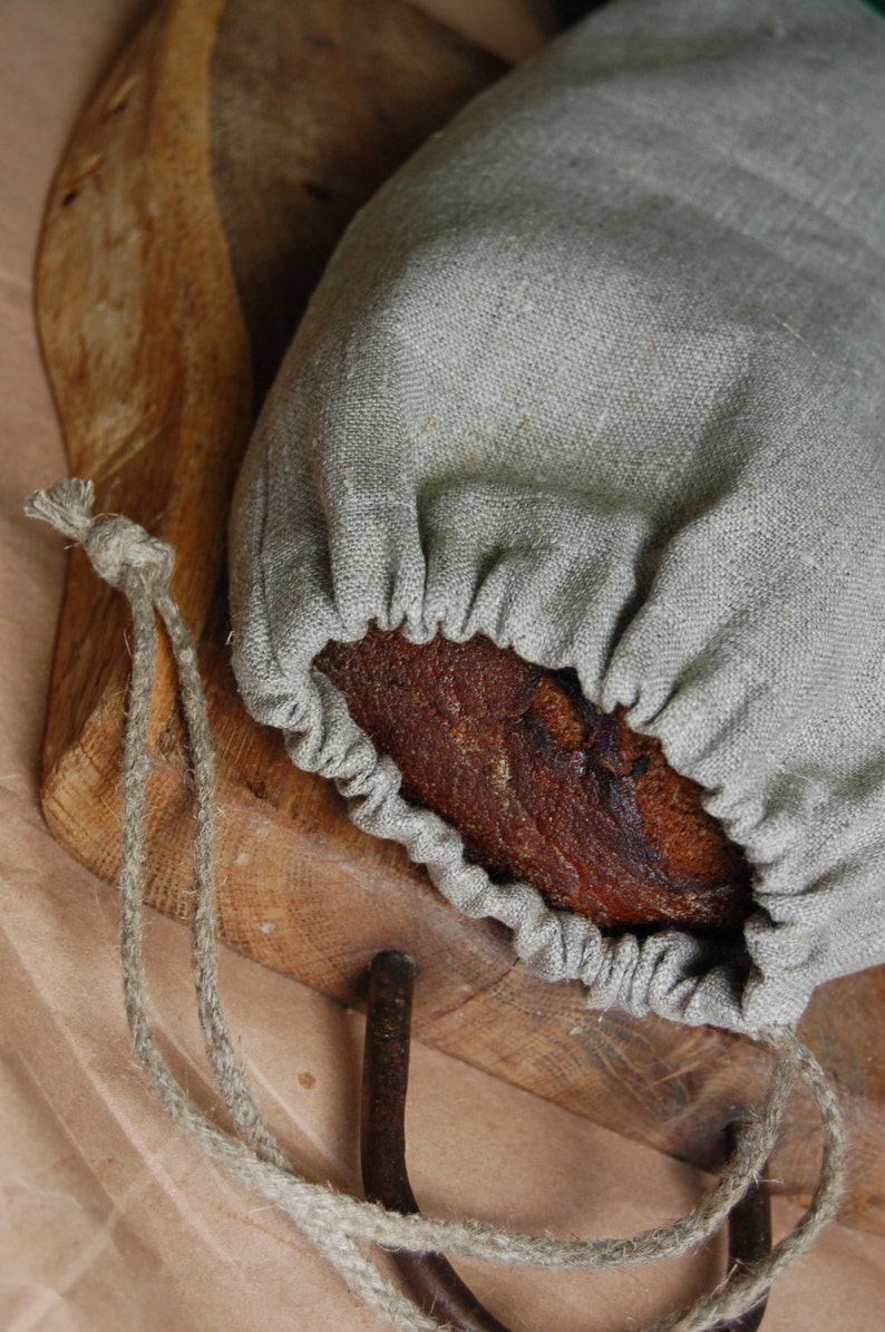 Linen storage bag, organic bags, natural linen bread bag with handmade flax cord, linen bread bag, drawstring food bag, set of linen bags image 4