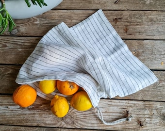 Linen drawstring bag, striped linen bread loaf bag with handmade flax cord, organic food storage, raw linen bag, washed linen bread loaf bag