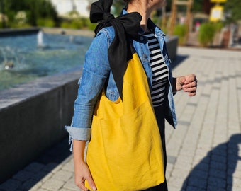 Leinentasche, Tsuno-Tasche, benutzerdefinierte Farbe Leinentasche, wiederverwendbare schwarze Knotentasche, Schultertasche, verstellbare Umhängetasche