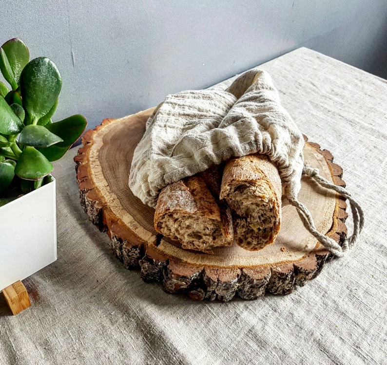 Striped linen bread bag, rough linen bag, bread loaf bag, reusable kitchen bag, vegan bag, organic food bag, drawstring linen storage bag image 5