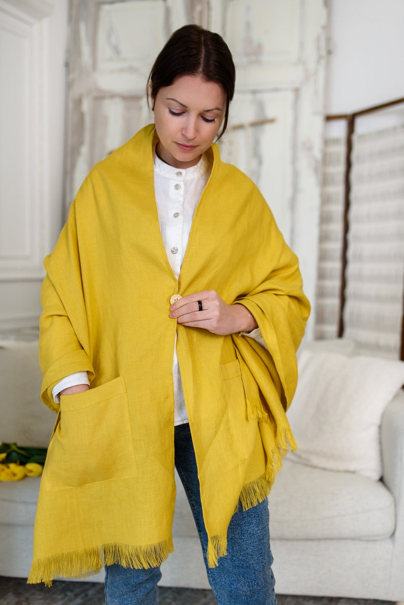 Wide linen scarf with pockets and button, wide and long white yellow red rust pink green linen shawl, blue black coral oversized linen scarf image 3