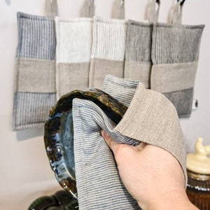 Linen pot holder, striped linen oven mit, eco friendly kitchen mitten, kitchen set, hot pot holder with a loop, heat pad
