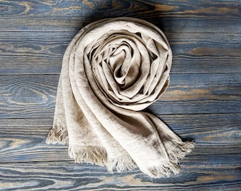 Longue écharpe en lin brut, écharpe unisexe en lin adouci, longues écharpes en lin naturel, foulard à franges de lin pour hommes foulard beige en lin pour femme