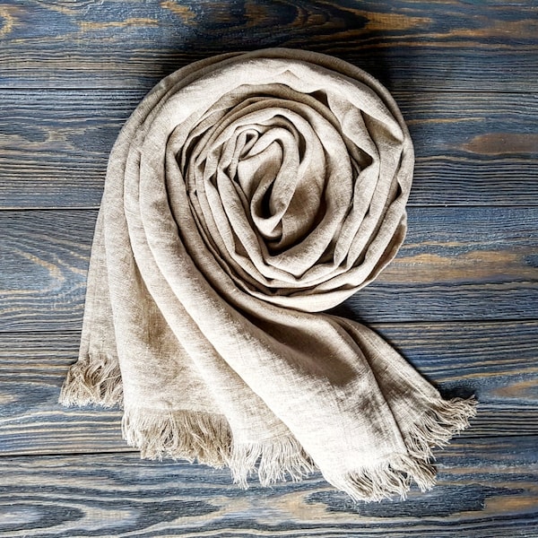 Long raw linen scarf, softened linen unisex scarf, long natural linen scarves, linen fringed scarf for men linen beige scarf for women