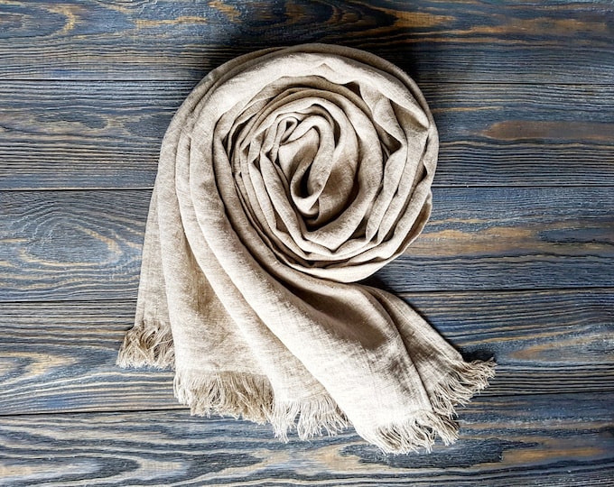Long raw linen scarf, softened linen unisex scarf, long natural linen scarves, linen fringed scarf for men linen beige scarf for women