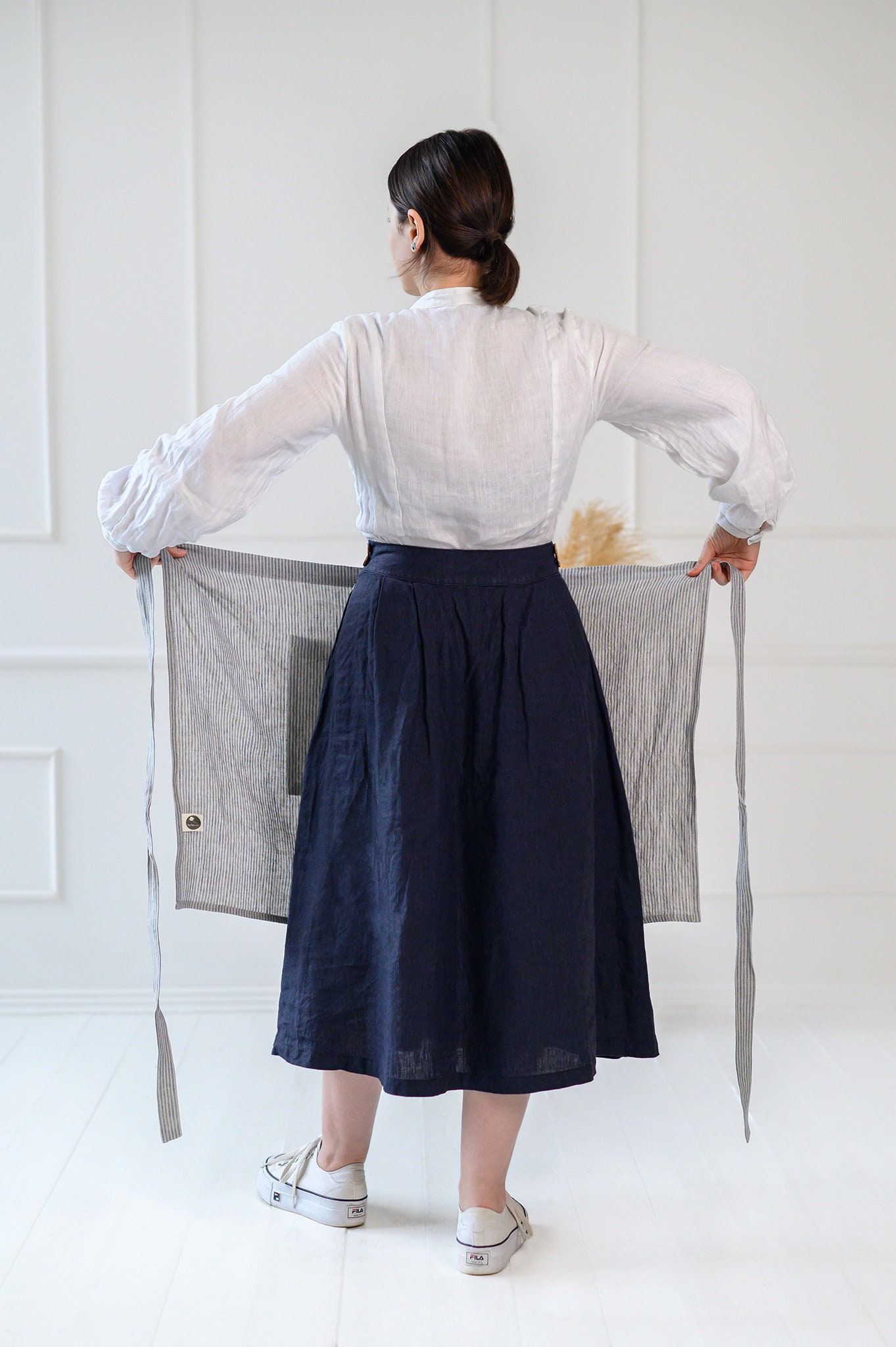 Linen Bistro Apron, Striped Linen Half Apron, Soft Linen