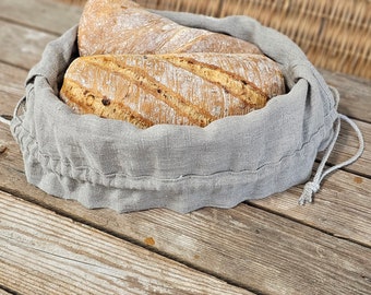 Linen bread basket, raw linen bread box with a drawstring top, bread storage bag, bread serving, rough natural linen large bread loaf bag