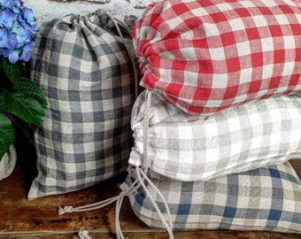 Checked linen drawstring bag, checks linen bread loaf bag with handmade flax cord, reusable organic food storage, raw linen zero waste bag