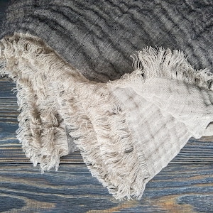 Fringed linen blanket, softened linen blanket, black beige linen blanket, linen throw, linen beach wrap, raw linen throw, black linen cover