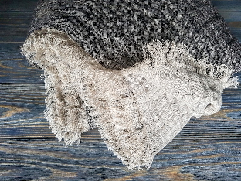 Fringed Linen Blanket Softened Linen Blanket Black Beige Etsy Australia