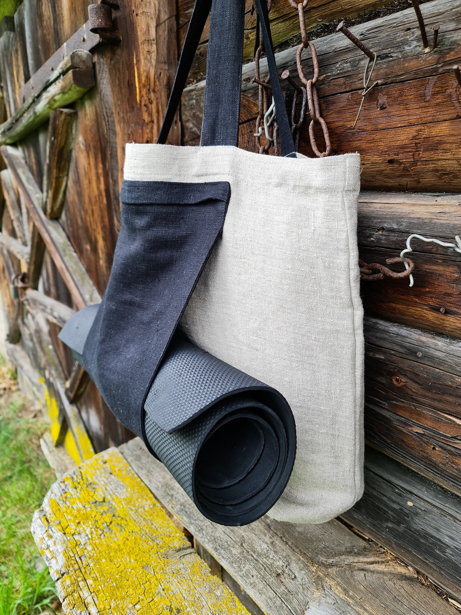 Linen Yoga Bag Rough Linen Tote Bag With Yoga Mat Pocket Etsy