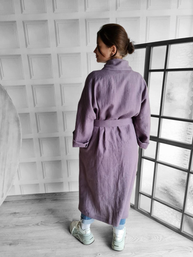 Linen dressing gown, natural linen kimono robe, stonewashed linen custom color long robe, raw linen clothes, washed linen bathrobe image 2