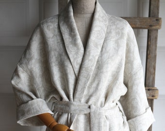 Floral linen robe, natural linen kimono robe, stonewashed damask rose linen beige long robe, raw linen clothes, washed soft linen bathrobe