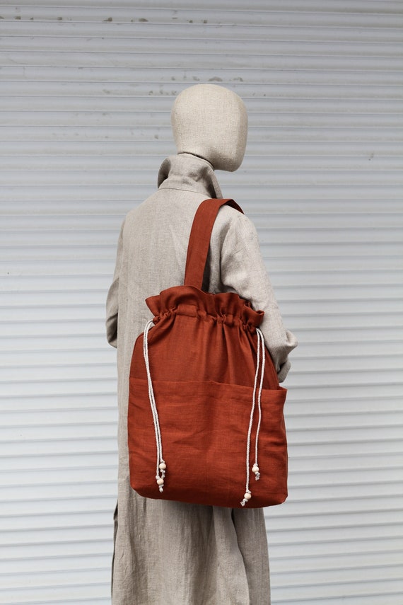 Linen tote, vegan fabric shopping bag with drawstring top - custom color sustainable fabric linen tote bag, gift idea for mom girl sister