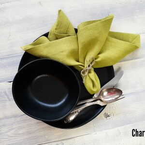 Chartreuse linen napkins set, chartreuse yellow green stonewashed dinning napkins with wide edge and mitered corners, linen wedding napkins image 4