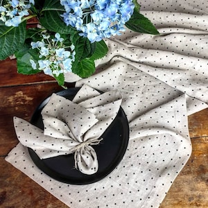 Beige black dots linen table runner, washed linen farmhouse table center finished wide hem mitered corners, rustic linen table runner decor