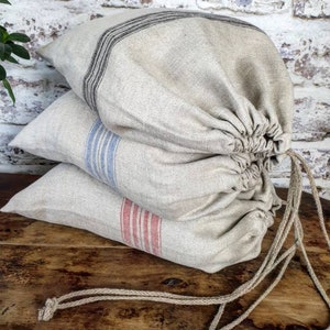Rustic linen bread bag, grain sack style striped linen bread loaf bag with handmade flax cord organic vegan food storage bag, raw linen sack image 7