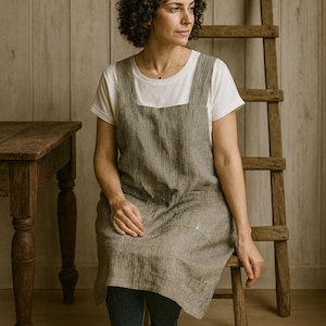 Pinafore linen apron, Japanese cross back linen apron, striped linen square apron, chunky linen apron with pockets, vintage rustic apron