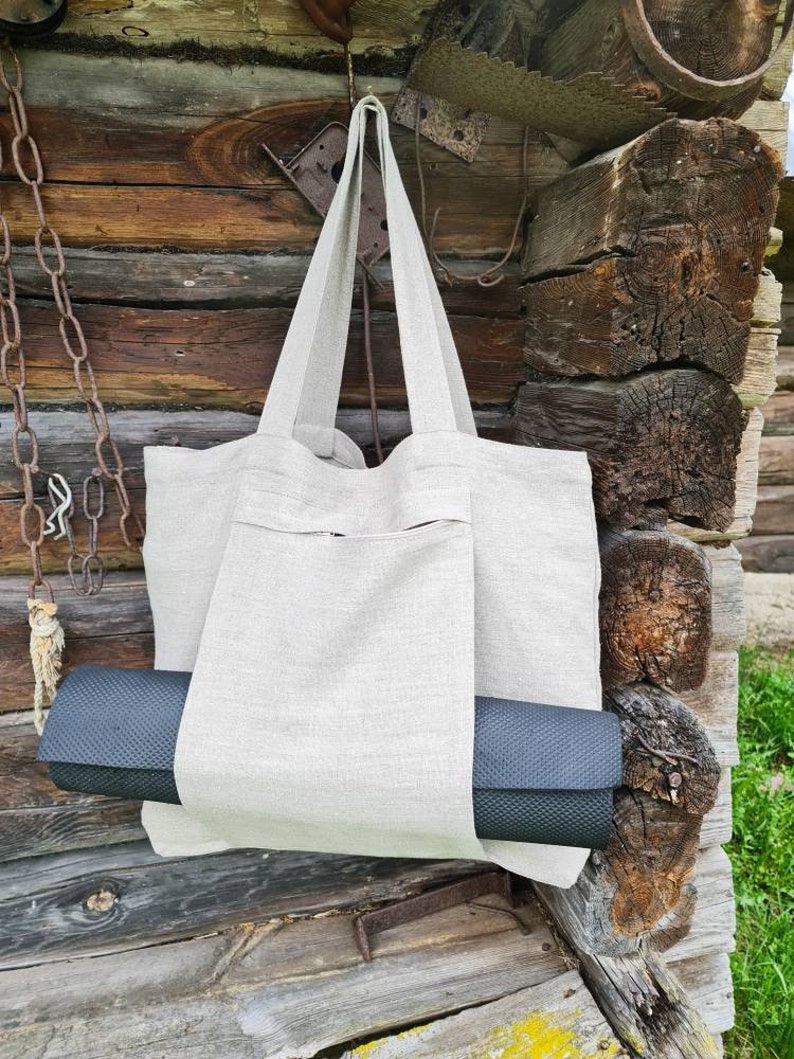 Linen Yoga Bag Rough Linen Tote Bag With Yoga Mat Pocket Etsy