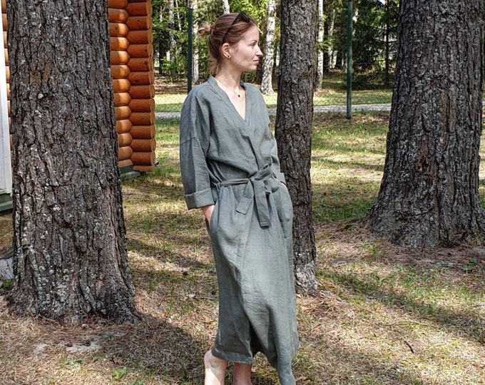 Leinen Bademantel, weicher natürlicher Leinen Kimono Robe, stonewashed Leinen weiß schwarz beige blau grün langer Morgenmantel, Rohleinen Kleidung, Leinen Bademantel