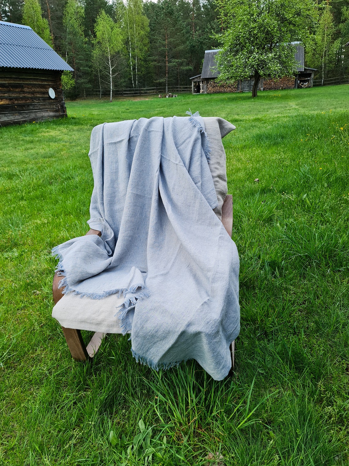Blue Striped Linen Blanket Softened Blue Beige Linen Blanket Etsy