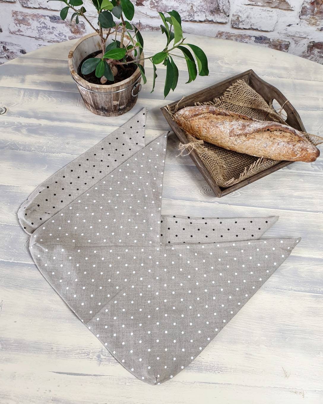 Linen bento bag polka dots, Natural pure linen bread loaf bag, organic food storage, raw linen origami bag, lunch reusable azuma bukuro bag