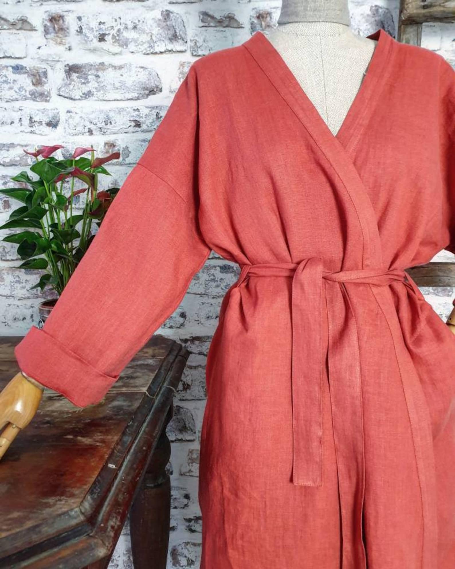 Linen Bath Robe, Soft Natural Linen Kimono Robe, Stonewashed Linen