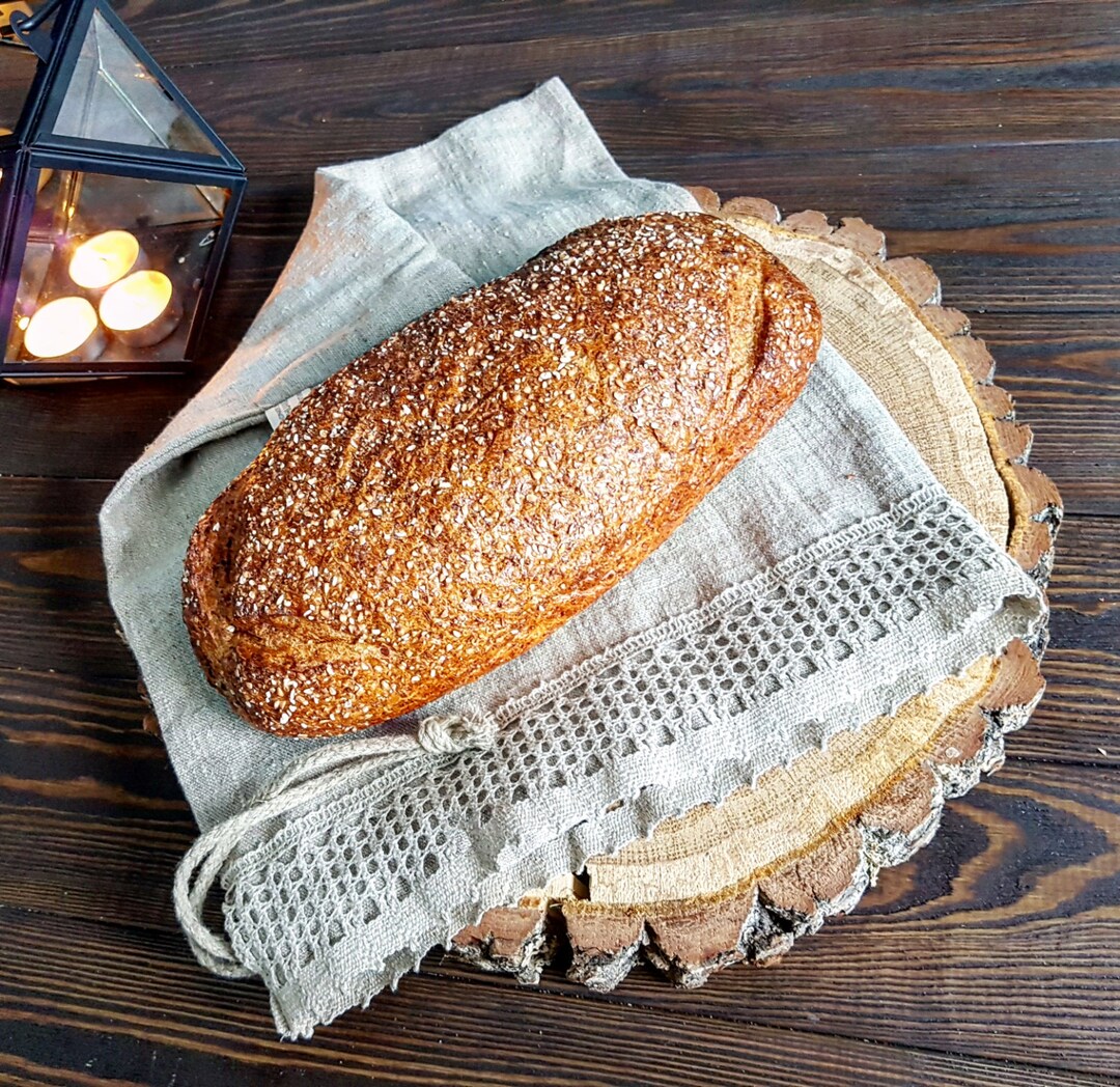 Linen Bread Bag With Laces, Natural Linen Bread Loaf Bag With Linen