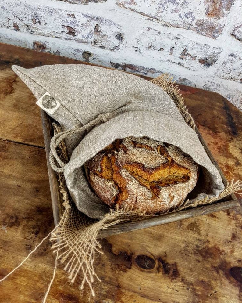 Linen bread bag, Natural pure linen bread loaf bag with handmade flax cord , organic food storage, raw linen bag, loaf bag, bread loaf bag image 1