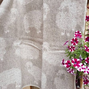 May include: A beige wool throw blanket with a white sheep pattern. The blanket is folded and draped over a wooden chair. A potted plant with pink and white flowers is in the background.