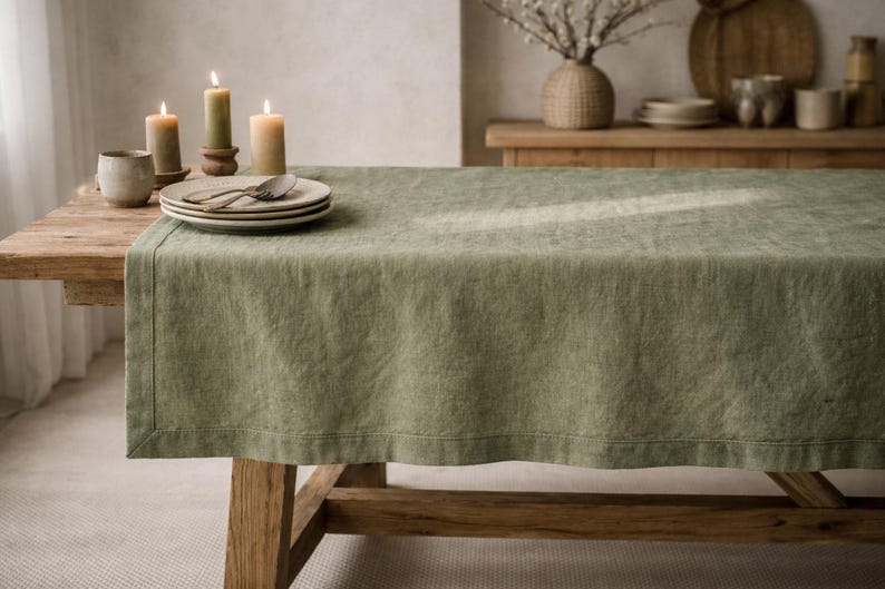 Green 100% Linen Tablecloth, Rustic Farmhouse Natural Linen Dining Table Cover, Custom Size, many colors to choose from image 14