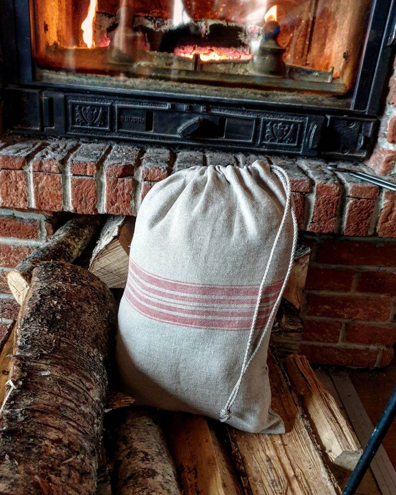 Rustic linen bread bag, grain sack style striped linen bread loaf bag with handmade flax cord organic vegan food storage bag, raw linen sack image 2