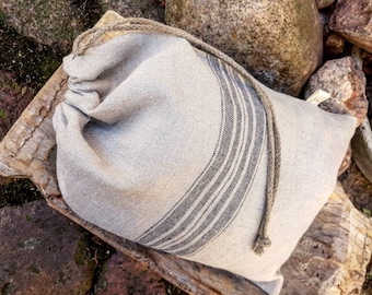 Raw linen bread bag with wide stripe, black beige striped linen bread loaf bag with flax cord, handmade food storage kitchen lingerie bag