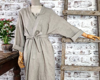 Washed linen bath robe, natural linen kimono robe, stonewashed linen white black beige green long robe, raw linen clothes, linen bathrobe