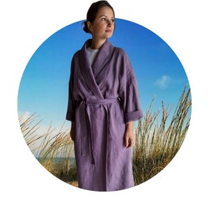 Linen dressing gown, natural linen kimono robe, stonewashed linen custom color long robe, raw linen clothes, washed linen bathrobe image 4