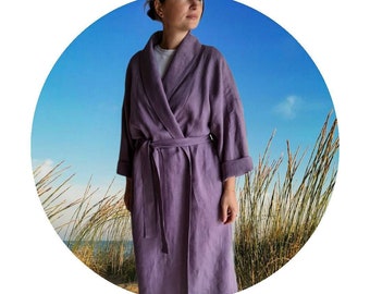 SAMPLE SALE Leinen Hausmantel, Kimono Robe aus Naturleinen, stonewashed Leinen nach Wunschfarbe, langer Morgenmantel, Rohleinen