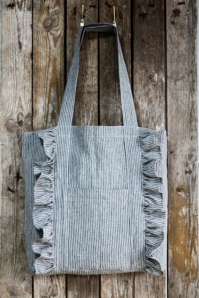 Ruffled tote bag from linen, linen shopping with ruffles custom color, with zipper and ruffles, linen lovely tote bag, image 5