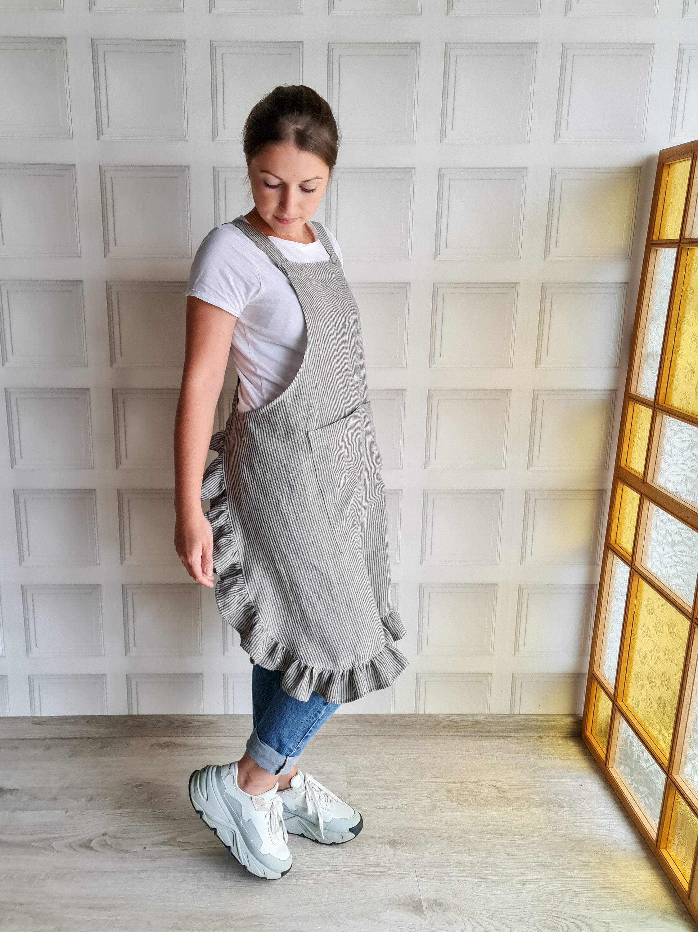 Linen Apron With Ruffles, Cross Back Ruffled Linen Apron, No Ties 