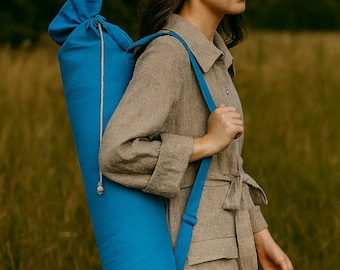 Linen yoga mat bag - custom color natural linen long pilates bag, drawstring linen tote bag with pocket, blue green black yellow sport bag