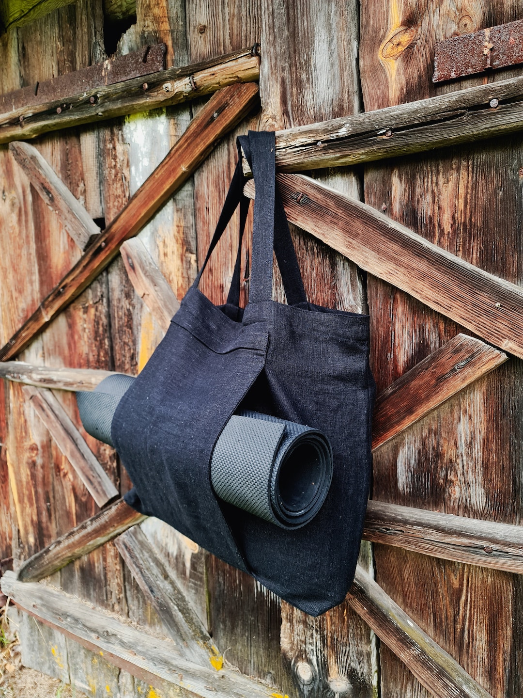 Black Linen Yoga Bag, Rough Linen Tote With Yoga Mat Pocket, Burlap Bag