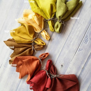 Yellow linen napkins set, many shades - chartreuse citrus orange rust mustard linen dining wedding napkins with wide edge mitered corners