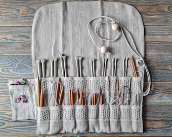 Rolled up linen knitting needle case with lace decor, linen needle holder organizer bag, knitting neeedle case from linen with small pocket