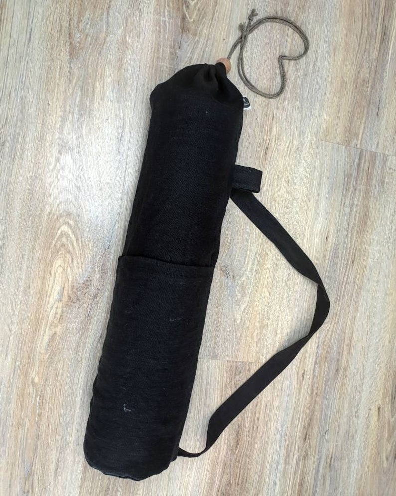 Black linen yoga bag, natural linen black yoga mat bag, big pilates bag, burlap sport bag, rough linen gym bag, rustic tote bag with pockets image 4