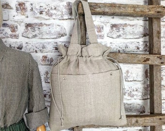 Linen tote bag, natural beige raw linen drawstring shopping bag, burlap shoulder market bag, linen beach bag, rustic tote bag with pockets