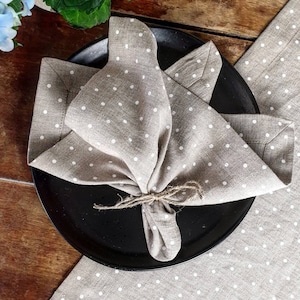 Polka dots linen napkins set, natural stonewashed linen table decor, farmhouse reusable dinning napkins with wide edge mitered corners