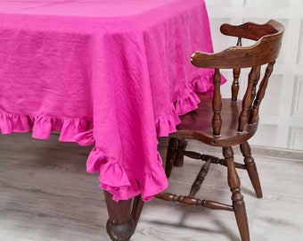 Linen tablecloth with ruffles, ruffled edge linen tablecloth, many colors and custom, off white blue black green yellow tablecloth