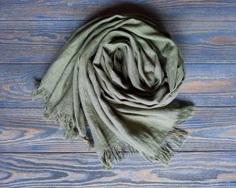 Long moss green linen scarf, softened linen unisex scarf, long linen scarf for men, linen scarf for women, green linen shawl, summer scarf